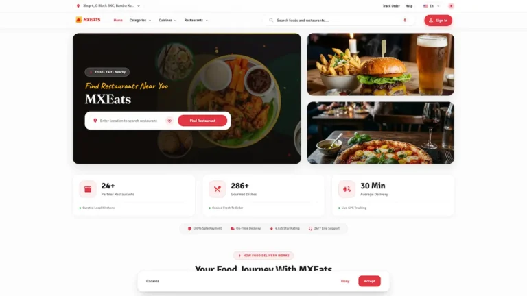 Zomato Clone food delivery platform featuring restaurant search, online ordering, secure payments, and fast delivery.