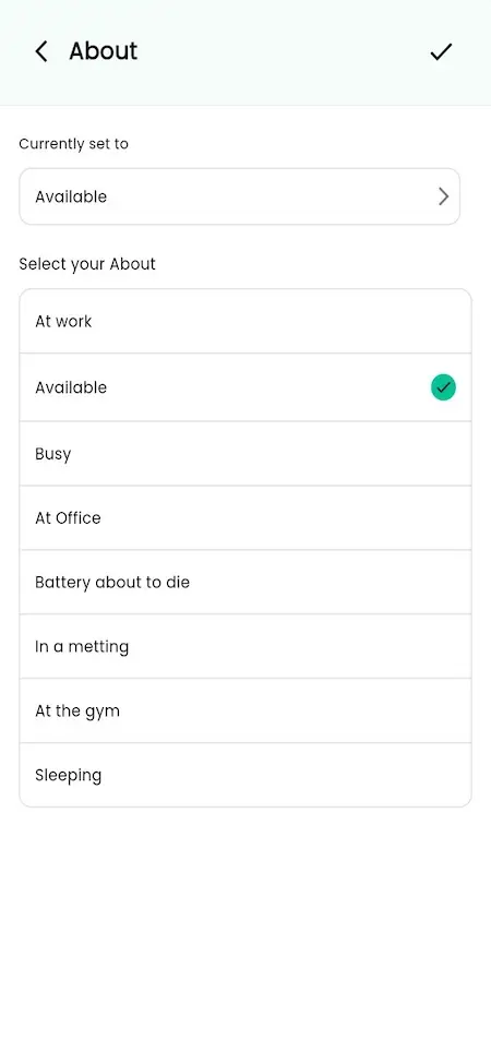 Mobile About screen showing the selected availability status and available profile status choices.