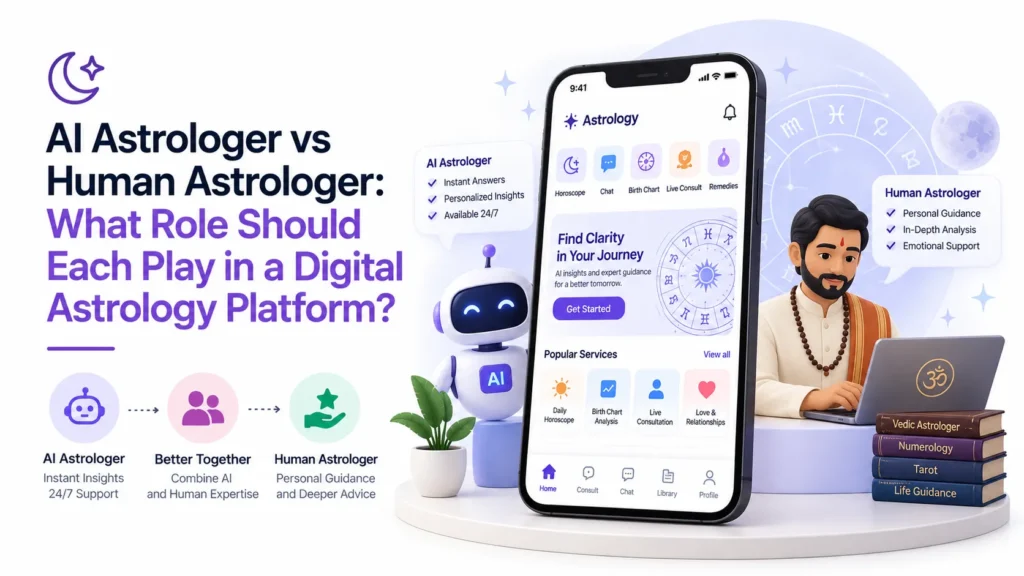 AI astrologer vs human astrologer in a digital astrology platform showing instant AI insights, personalized guidance, consultations, and astrology services