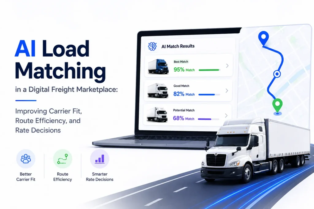 AI load matching in a digital freight marketplace showing carrier fit, route efficiency, match scores, and smarter freight rate decisions.