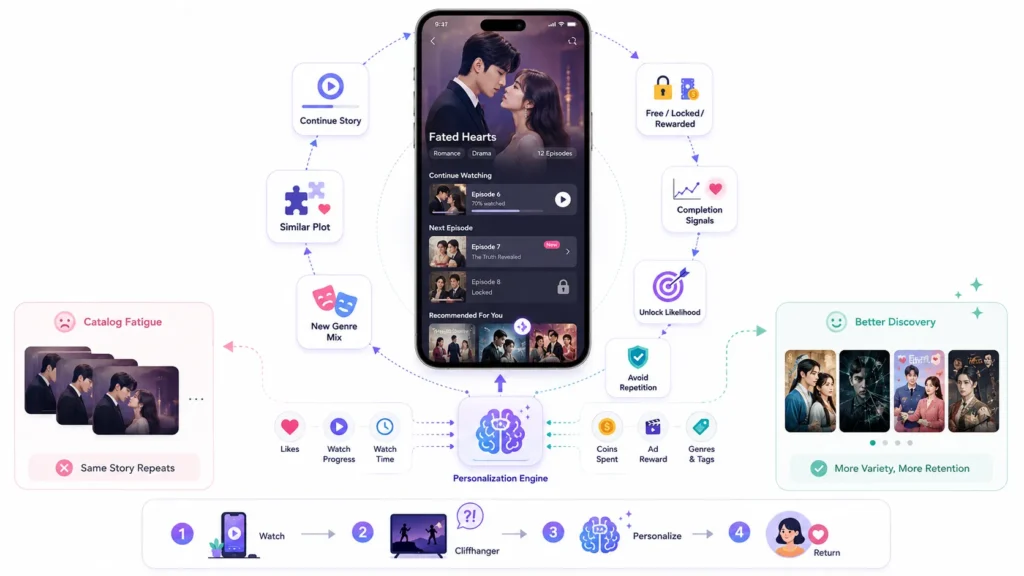AI Personalization in Short-Drama Platforms: Better Episode Discovery Without Repeating the Same Content 2 AI personalization in short-drama platforms using watch history, completion signals, genre preferences, unlock behavior, and recommendations to improve episode discovery.