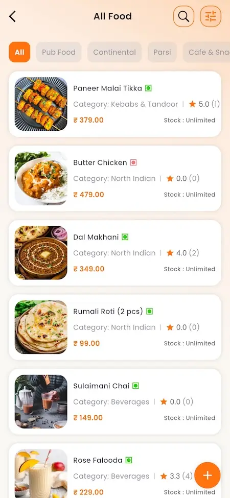 White Label Food Delivery App 40 UberEats Clone Restaurant Food Catalogue showing menu filters, dish images, prices, ratings, stock and add-item control