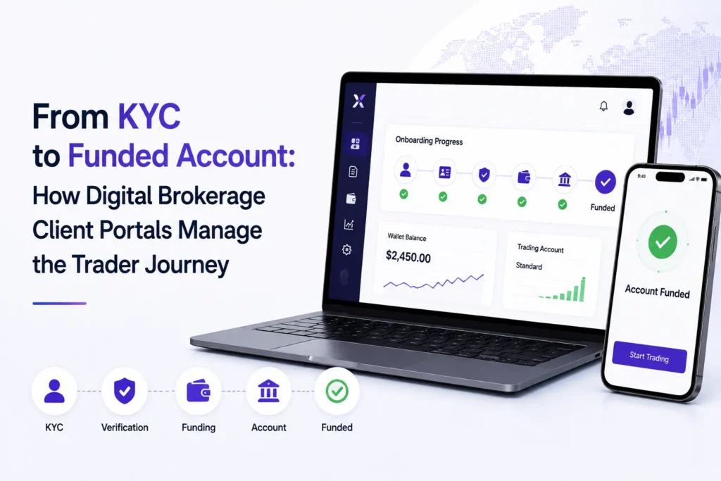 Brokerage client onboarding journey from KYC verification and funding to account activation and funded trading access.