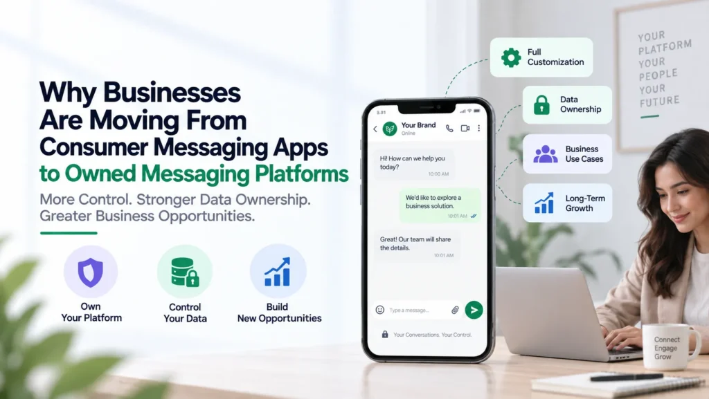 Businesses moving from consumer messaging apps to owned messaging platforms for customization, data ownership, control, and long-term growth.