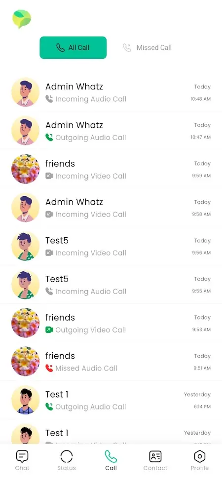 Mobile call history showing incoming, outgoing, missed audio and video calls with dates and times.