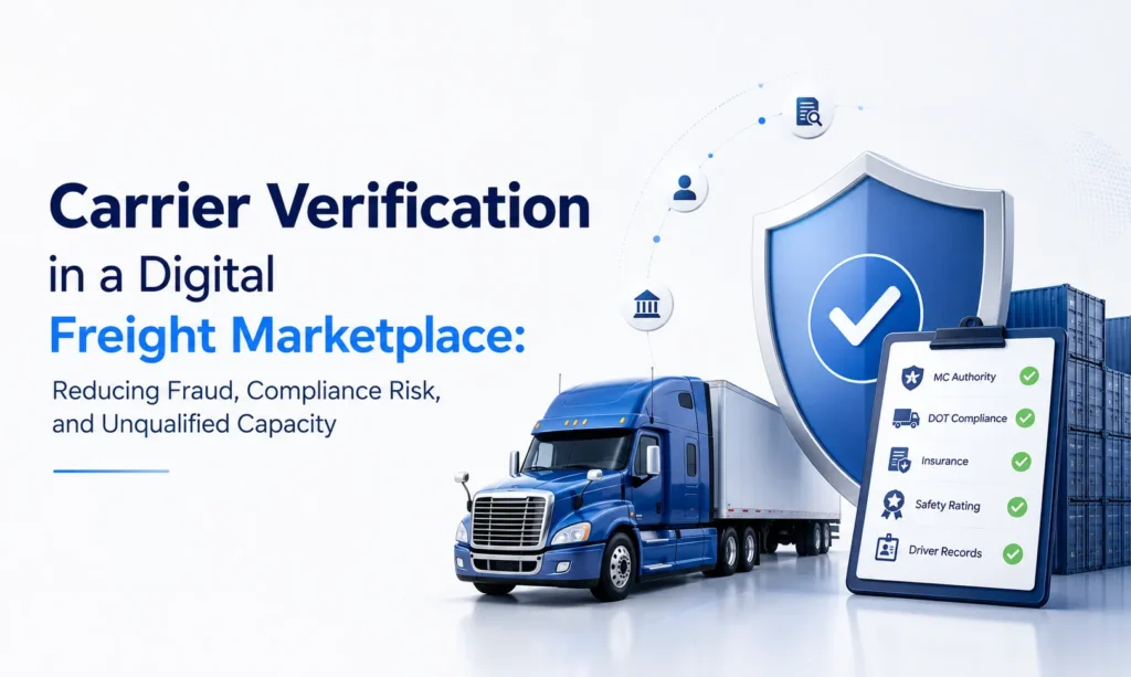 Carrier verification in a digital freight marketplace showing authority checks, compliance validation, insurance review, safety ratings, and driver records.