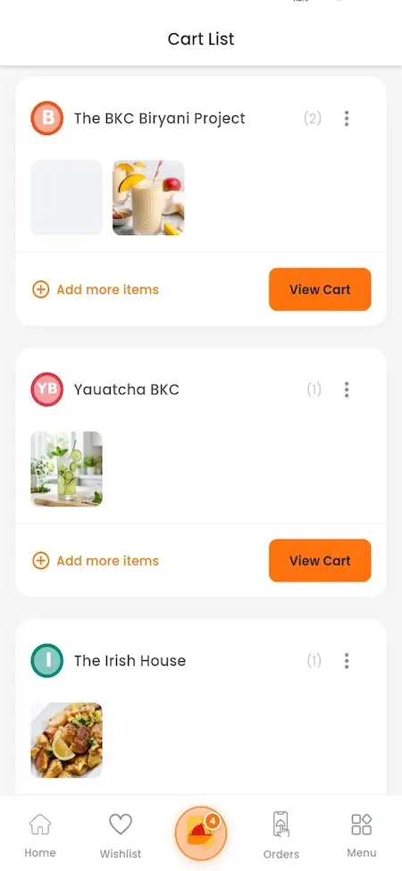 White Label Food Delivery App 30 UberEats Clone Customer Cart List showing restaurant-grouped cart items with add-more and view-cart actions