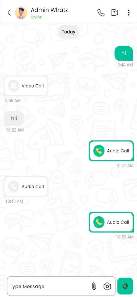 Mobile chat conversation with text messages, audio-call cards, video-call actions and message composer controls.