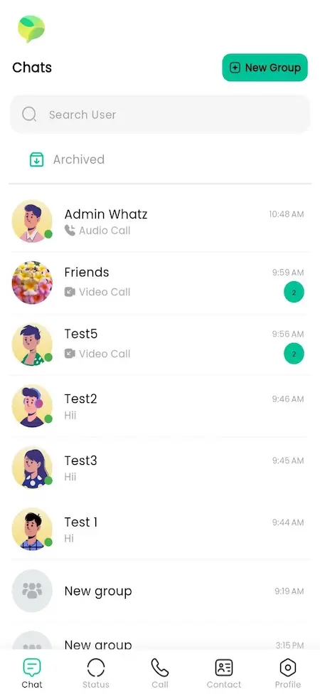 Mobile chats list with search, archived chats, recent conversations, groups and a New Group button.