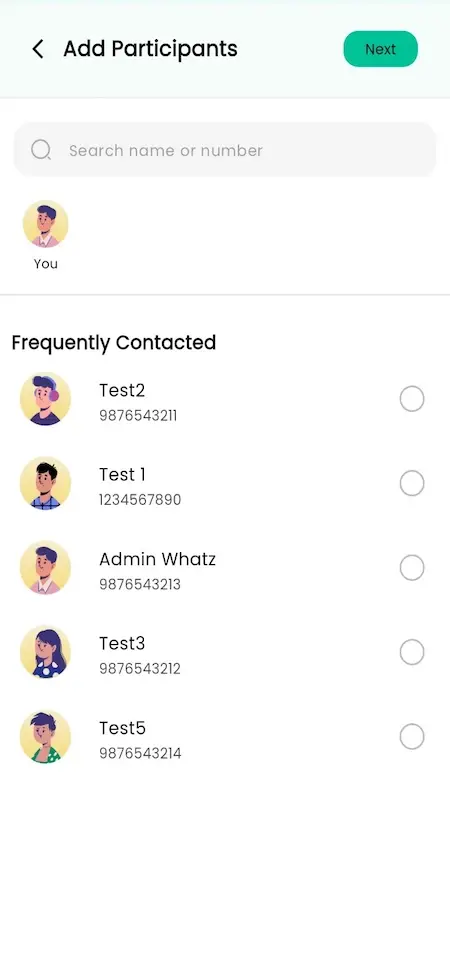 Mobile Add Participants screen with contact search, frequently contacted users and selection controls.