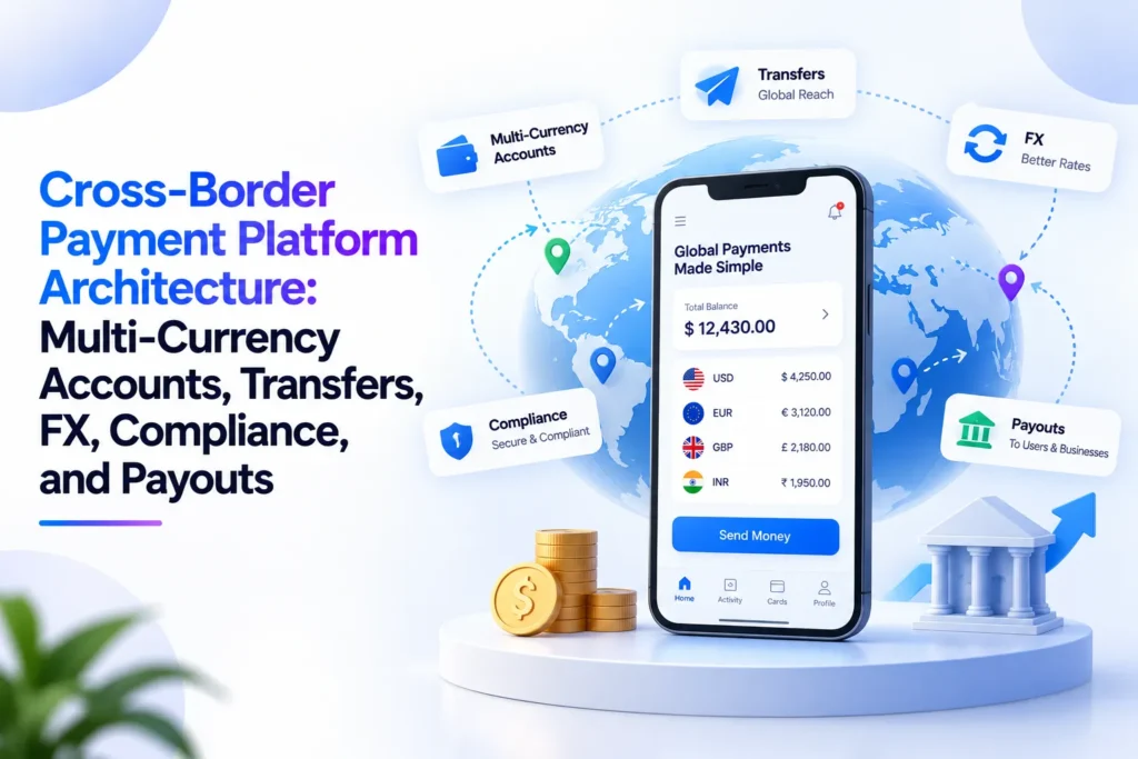 Cross-border payment platform architecture with multi-currency accounts, global transfers, FX rates, compliance, and payouts