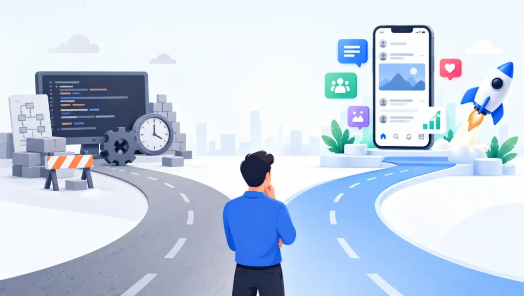 Why Startups Choose a Ready-Made Real-Time Microblogging Platform Over Custom Development 1 Founder comparing custom development with a ready-made real-time microblogging platform for a faster launch