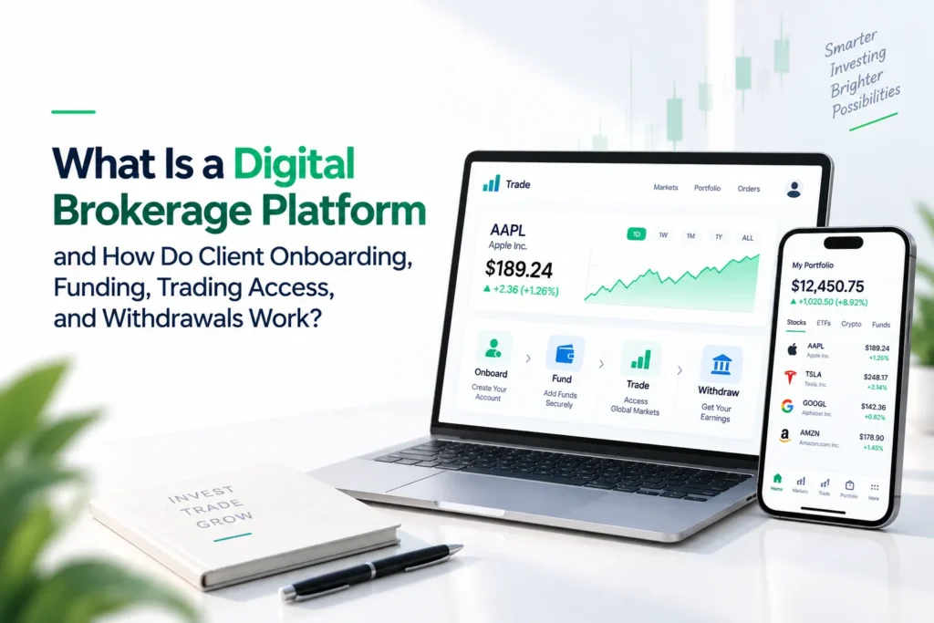 Digital brokerage platform for client onboarding, funding, trading, and withdrawals