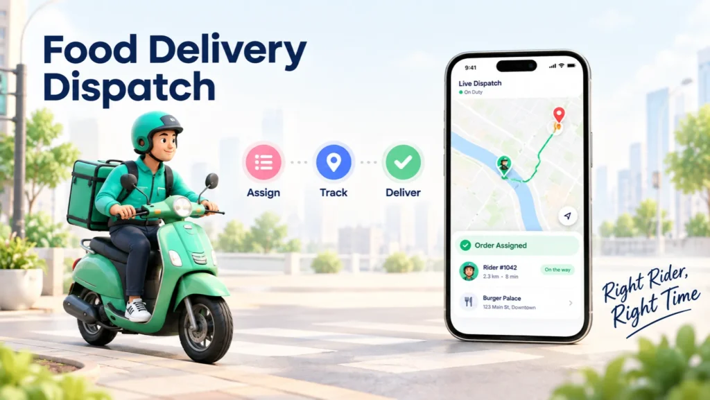 Food delivery dispatch platform hero showing a delivery rider, live dispatch map, and the assign, track, and deliver stages.