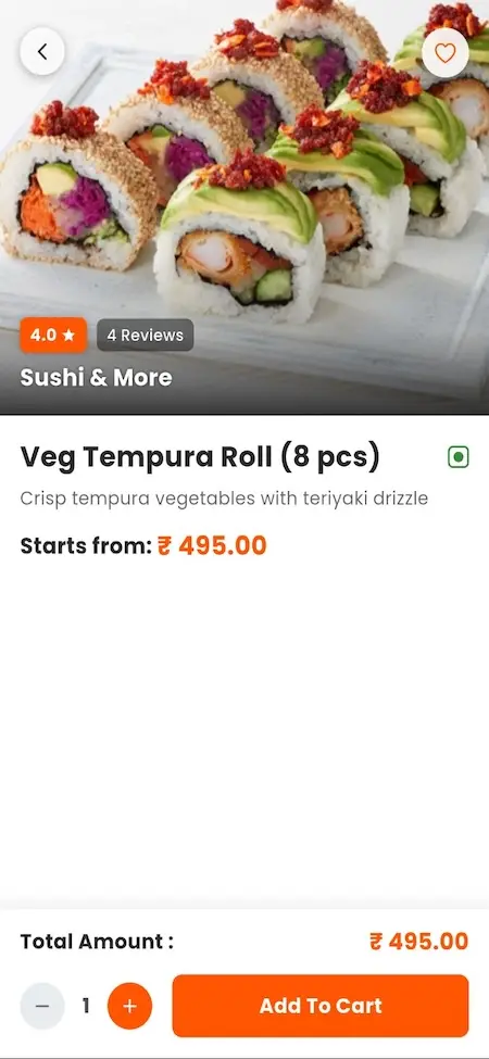White Label Food Delivery App 29 UberEats Clone Customer Food Details showing sushi image, rating, description, price, quantity and add-to-cart action