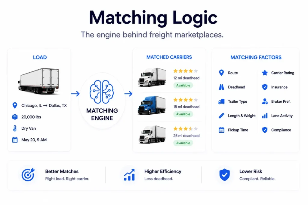 How Can Freight Marketplaces Support Van, Reefer, Flatbed, and Specialty Loads in One Platform? 2 Freight marketplace matching logic connecting loads with suitable carriers based on route, deadhead, trailer type, rating, insurance, and compliance.