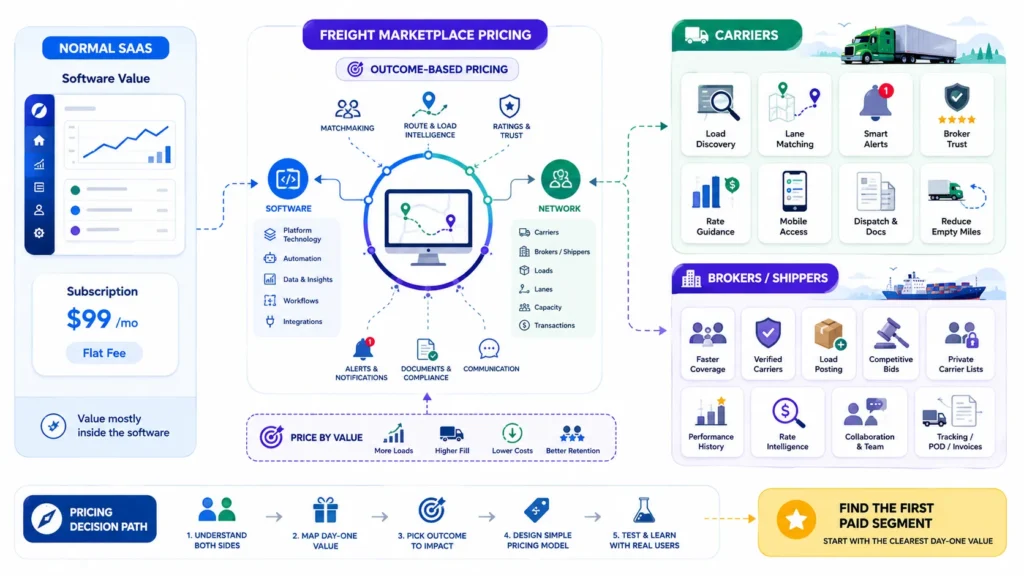 Freight marketplace pricing strategy comparing SaaS subscriptions with outcome-based pricing for carriers, brokers, and shippers.