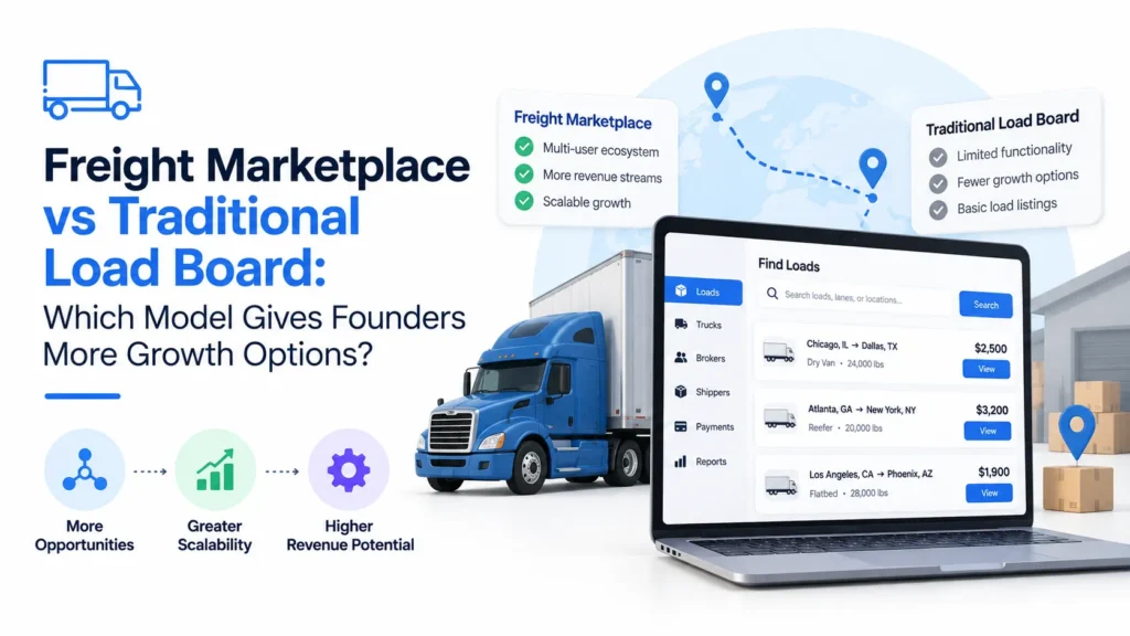 Freight marketplace vs traditional load board comparison showing scalability, revenue opportunities, load listings, carriers, payments, and freight operations