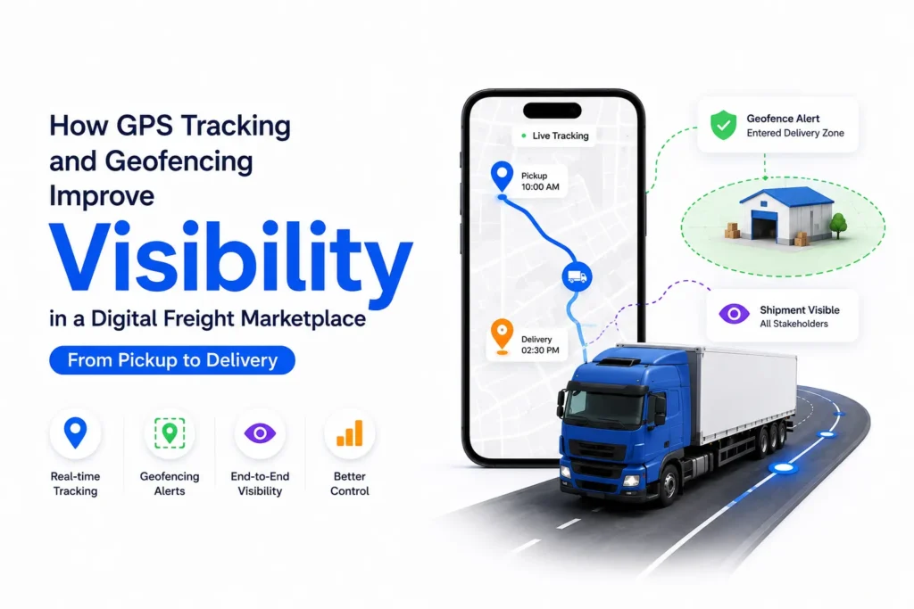 GPS tracking and geofencing in a digital freight marketplace showing real-time shipment visibility from pickup to delivery.