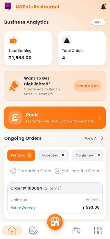 White Label Food Delivery App 39 UberEats Clone Restaurant Mobile Dashboard showing earnings, total orders, advertising, reels and ongoing order status