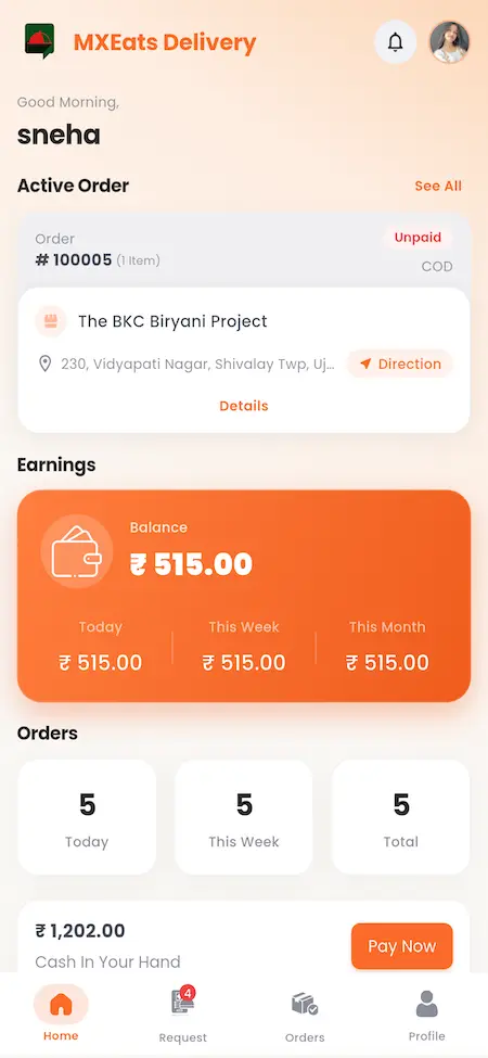 White Label Food Delivery App 50 UberEats Clone Delivery Partner Home showing active order, delivery location, earnings, order totals and payout action
