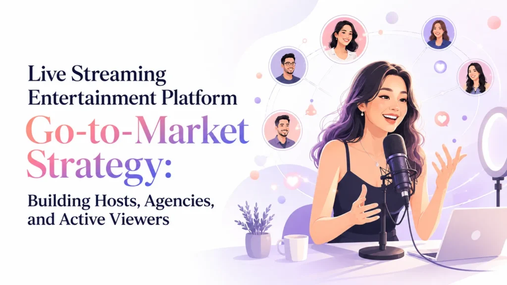 Live streaming entertainment platform go-to-market strategy showing hosts, agencies, creator networks, and active viewer growth