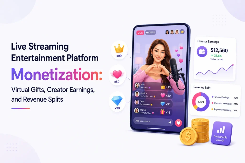 Live streaming platform monetization through virtual gifts, creator earnings, platform commissions, and payment processing fees.
