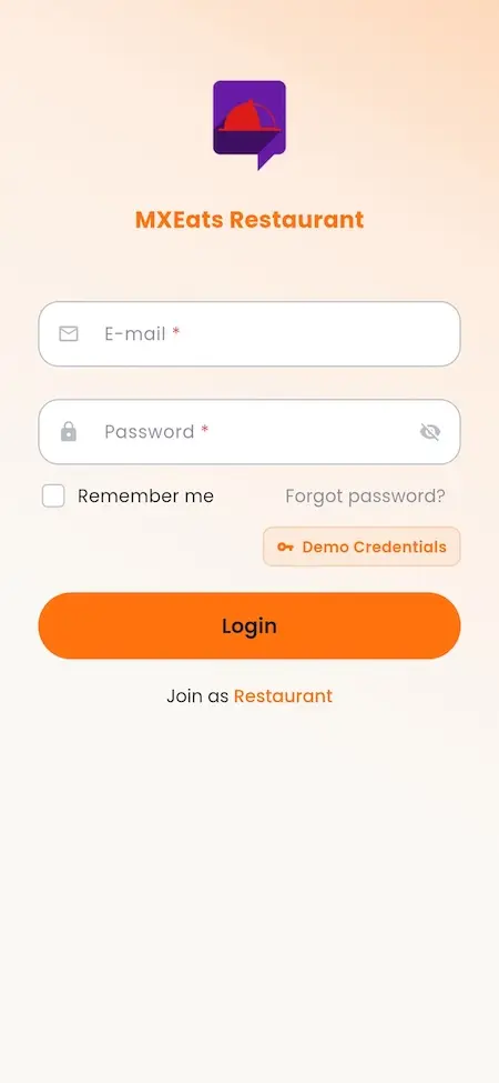 White Label Food Delivery App 38 UberEats Clone Restaurant Mobile Login showing email, password, remember-me and demo credentials