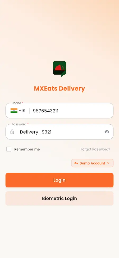 White Label Food Delivery App 49 UberEats Clone Delivery Partner Login showing phone, password, remember-me and biometric sign-in controls