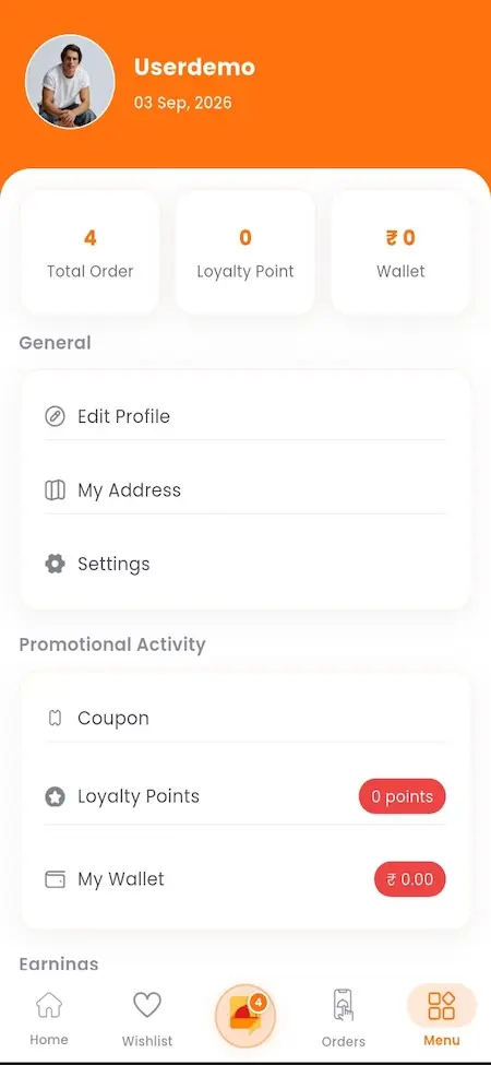 White Label Food Delivery App 28 UberEats Clone Customer Account Menu showing profile, addresses, settings, coupons, loyalty points and wallet balance