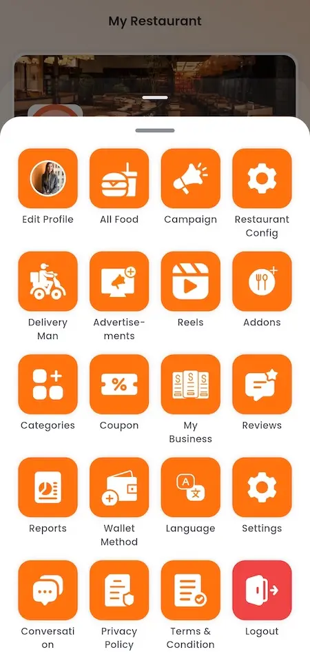 White Label Food Delivery App 37 UberEats Clone Restaurant Management Menu showing profile, food, campaign, configuration, delivery, advertising, reports and wallet shortcuts