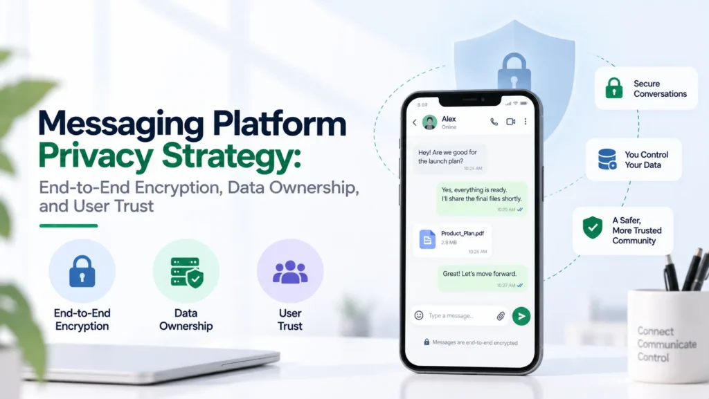 Messaging platform privacy strategy focused on end-to-end encryption, data ownership, secure conversations, and user trust.