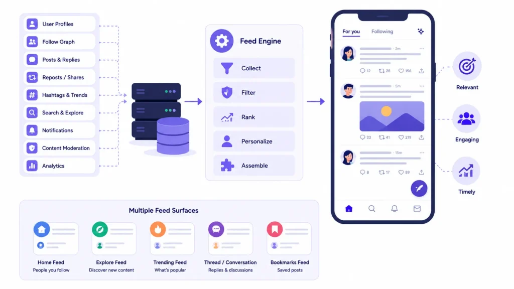 Microblogging platform feed architecture showing user profiles, follow graph, posts, trends, moderation, analytics, feed ranking, personalization, and multiple feed surfaces.
