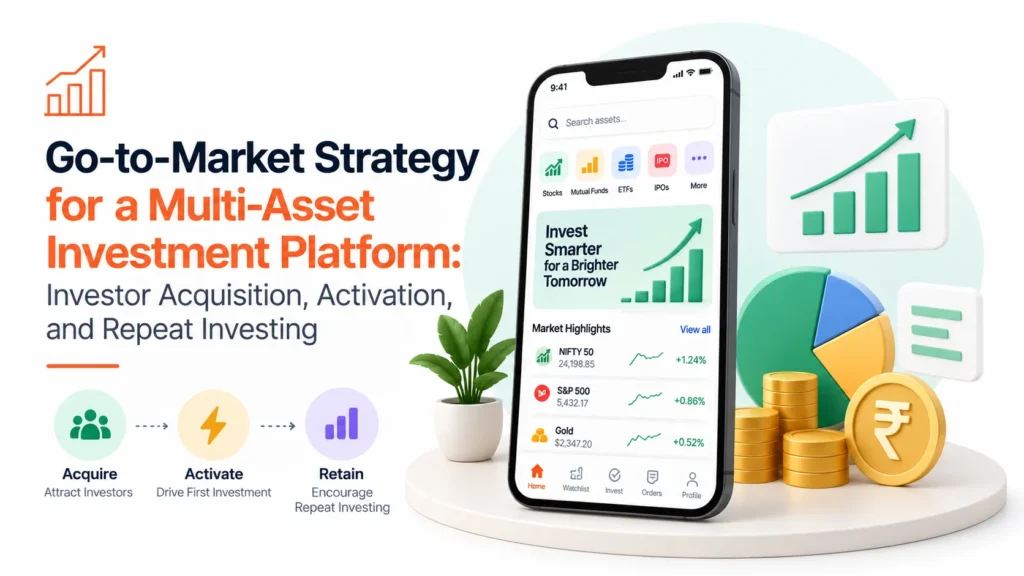 Multi-asset investment platform go-to-market strategy showing investor acquisition, activation, repeat investing, stocks, mutual funds, ETFs, IPOs, and portfolio growth.