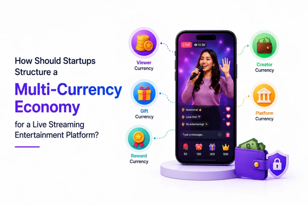 Multi-currency economy for a live streaming entertainment platform showing viewer currency, gift currency, reward currency, creator earnings, and platform currency.