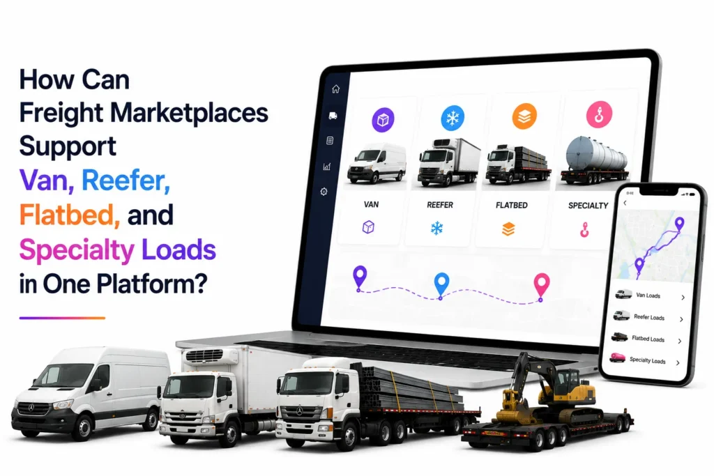 Multi-Equipment Freight Marketplace supporting van, reefer, flatbed, and specialty loads in one platform.