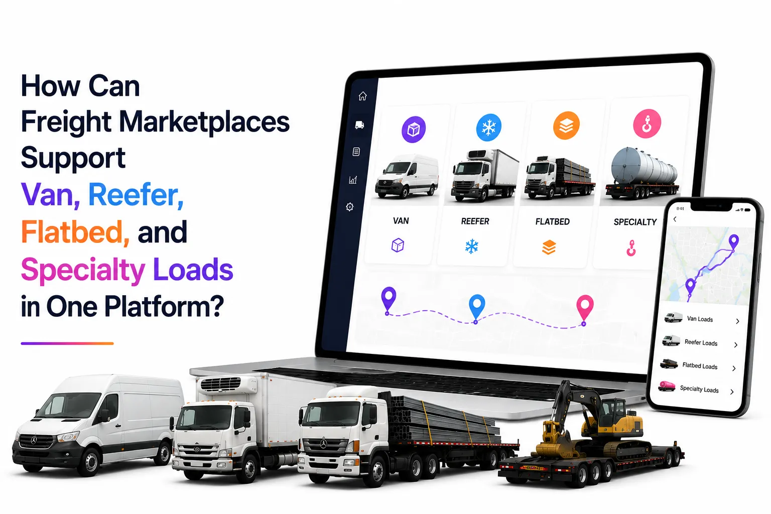 Multi-Equipment Freight Marketplace supporting van, reefer, flatbed, and specialty loads in one platform.