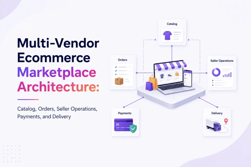 Multi-vendor ecommerce marketplace architecture showing catalog, orders, seller operations, payments, and delivery workflows connected to a central marketplace platform