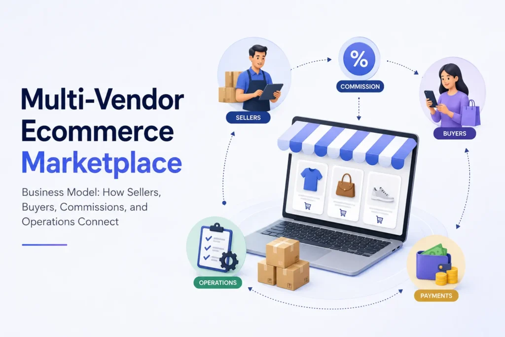 Multi-vendor ecommerce marketplace business model showing sellers, buyers, commissions, payments, and marketplace operations.