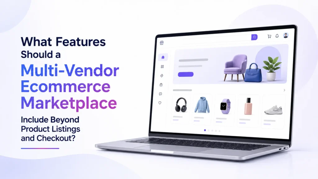 Multi-vendor ecommerce marketplace features showing product discovery, catalog browsing, seller operations, checkout, and marketplace management