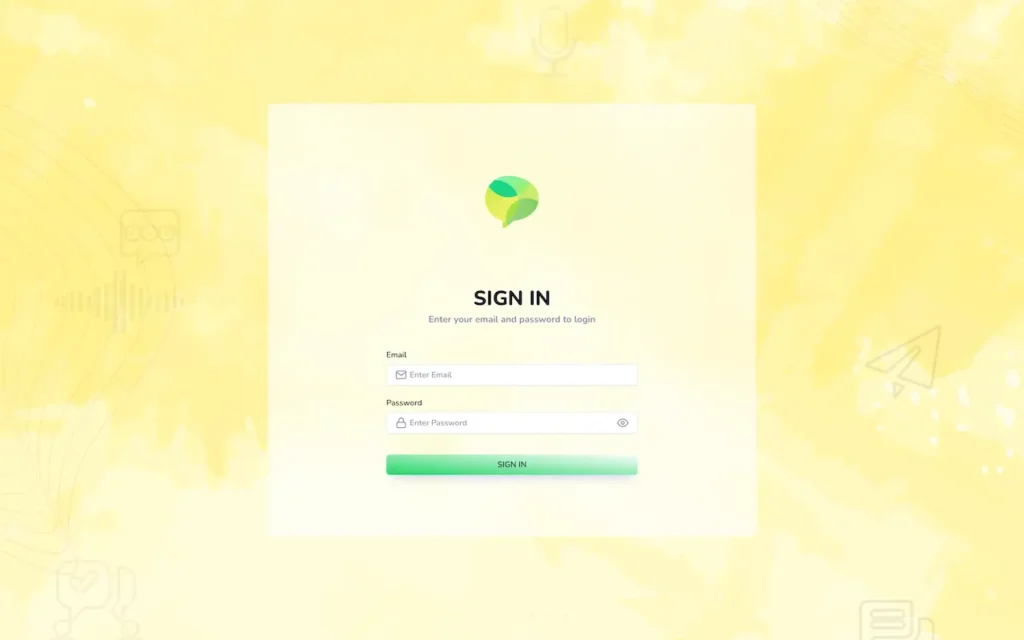 Admin sign-in screen with email and password fields on a branded authentication background.