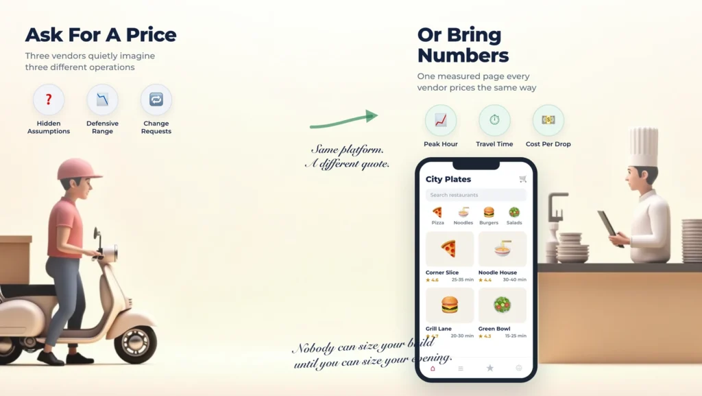 A delivery rider timing a run on one side and a kitchen pass on the other, with the numbers a founder must measure sitting between them