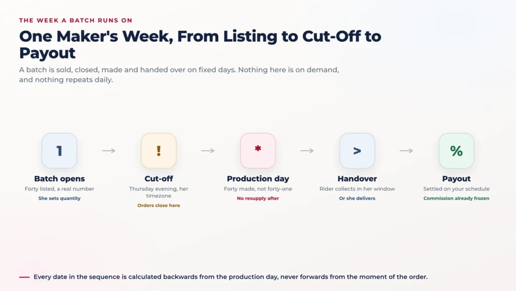 Flow diagram of a maker's week showing the batch listing opening, the Thursday cut-off, the production day with a fixed quantity, local handover to a rider, and the scheduled payout