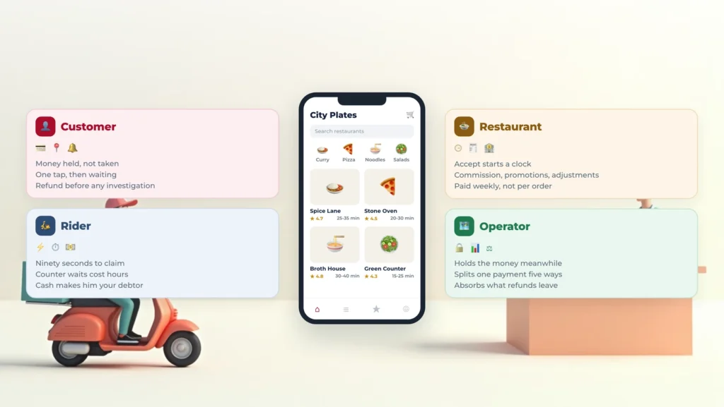 Four parties around a delivery app: customer, restaurant, rider and operator, with a phone showing a local restaurant listing