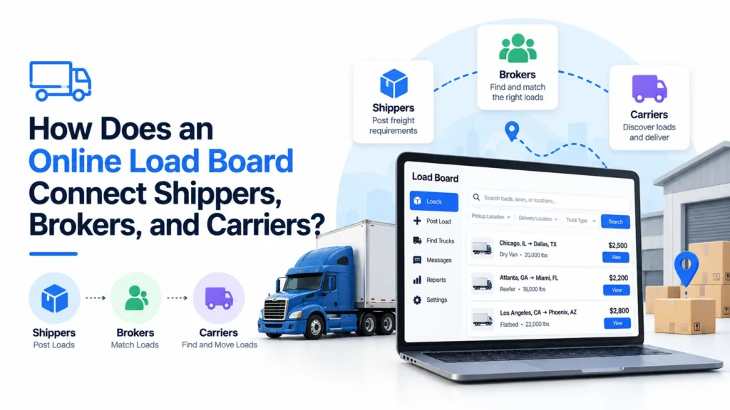Online load board connecting shippers, brokers, and carriers through load posting, freight matching, carrier search, and shipment discovery