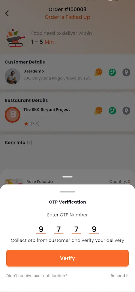 White Label Food Delivery App 48 UberEats Clone Delivery OTP Verification showing customer and restaurant order information with a delivery verification code form