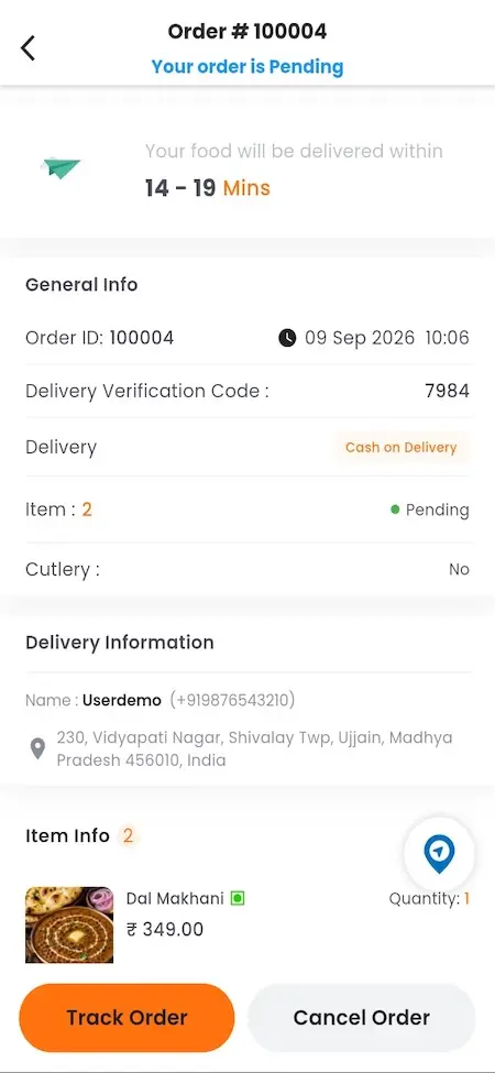 White Label Food Delivery App 27 UberEats Clone Customer Order Details showing delivery estimate, verification code, order status, address, items and tracking controls