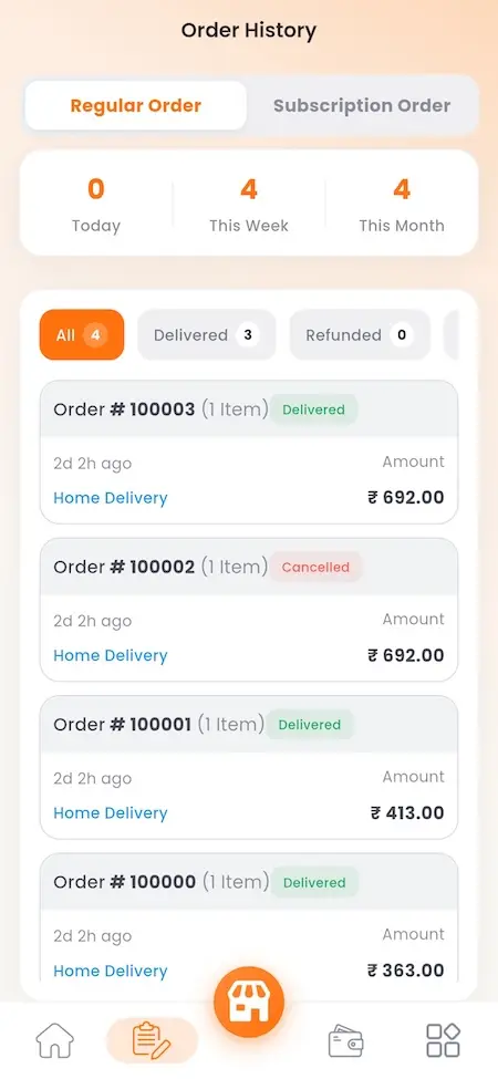 White Label Food Delivery App 36 UberEats Clone Restaurant Order History showing regular and subscription orders with delivery, cancellation and refund filters