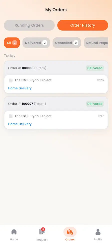 White Label Food Delivery App 47 UberEats Clone Delivery Order History showing delivered orders grouped by status with restaurant, time and amount