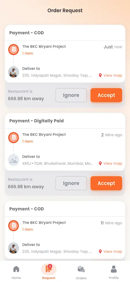 White Label Food Delivery App 46 UberEats Clone Delivery Order Requests showing available COD and prepaid jobs with pickup location, distance and accept controls
